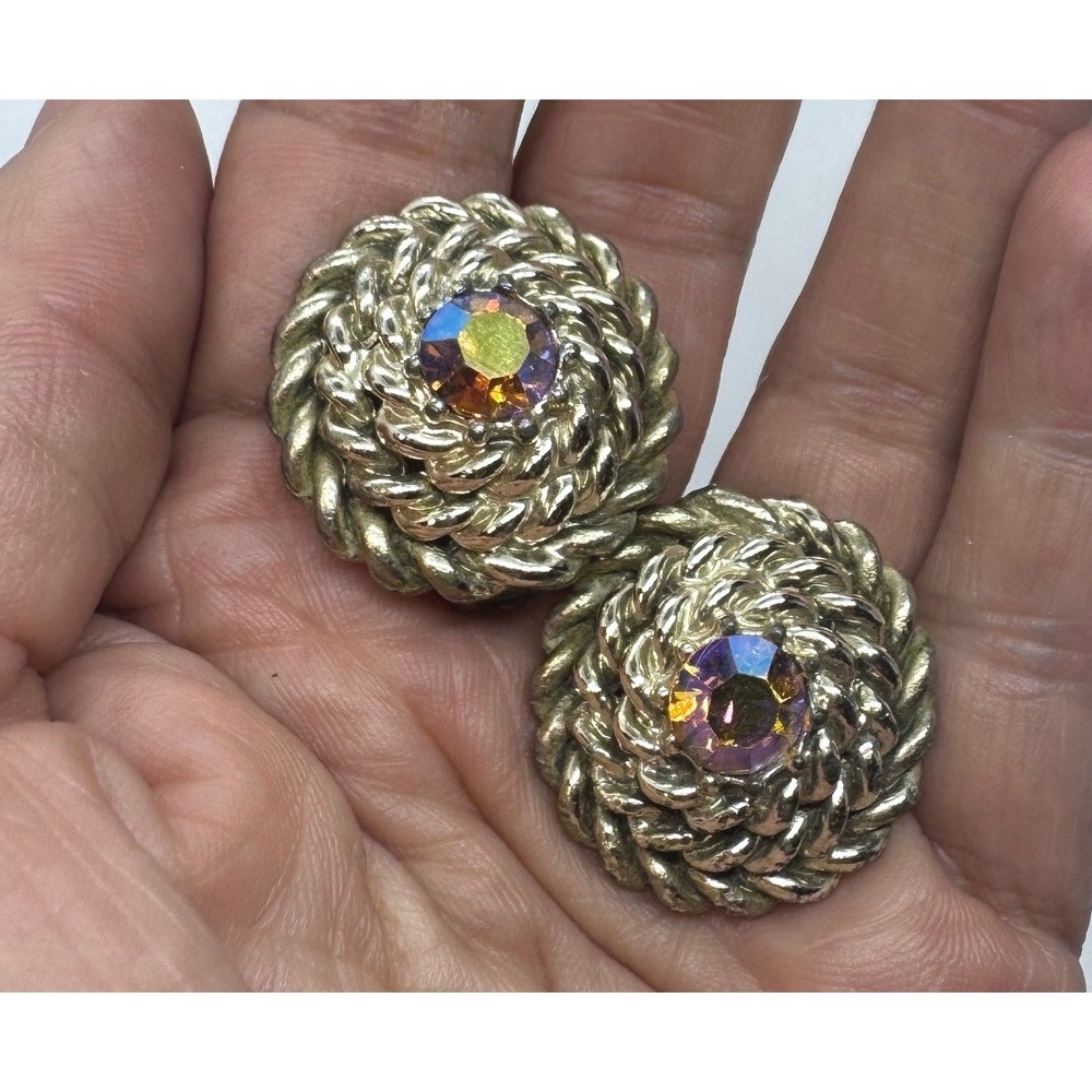 Vintage Coro Signed Gold Tone Aurora Borealis Rhinestone Rope Clip On Earrings